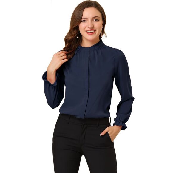 Workwear Blouse Button Up Ruffle Collar Long Sleeve Chiffon Shirt Navy Blue - Picture 1 of 6